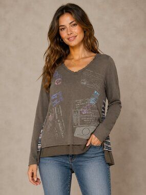 Love and Liberty Size L Long Sleeve Blouse Top Brown Plaid Postmark Graphic Edgy